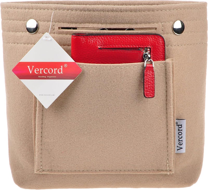 Vercord Mini Slim Small Felt Purse Organizer Insert Inside Handbag Tote Pocketbook for Women Beige - Image 2